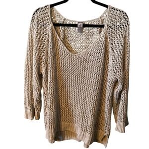 JCPenney Women's Beige Crochet Knit V Neck Sweater Lightweight Oversized Size XL